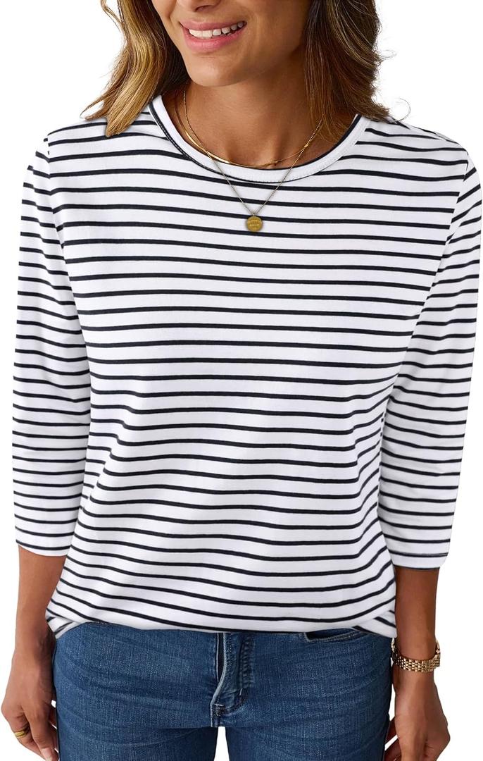 LilyCoco Womens 3/4 Length Sleeve Tops Striped Boatneck Shirt Breton French Cotton Tees Blue and White Small (White, S)