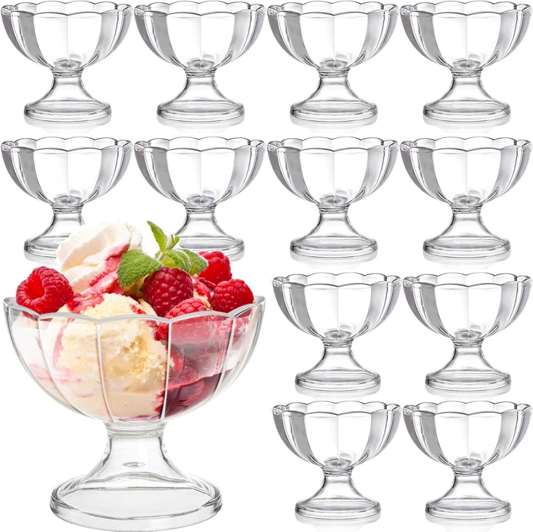 Set of 12 Ice Cream Bowl Set, 8 Ounce Plastic Dessert Bowls, Clear Footed Dessert Cups, Ice Cream Cups Bowls for Sundae, Milkshakes, Parfait, Pudding, Fruit