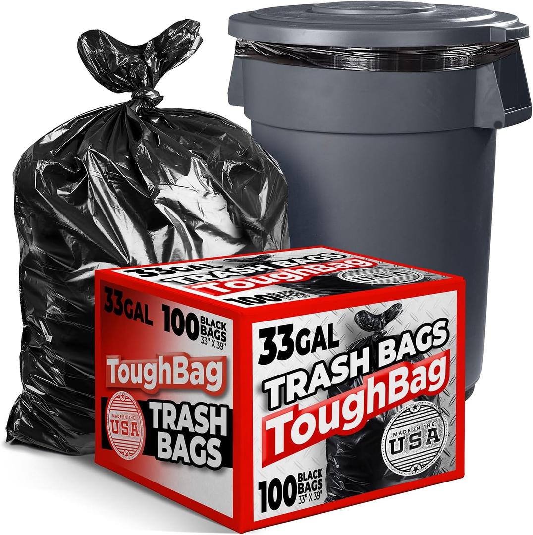 ToughBag 33 Gallon Durable Black Trash Bags, 1.2 Mil Garbage Bag, 33 x 39 Inch, Made in USA, 100 Count