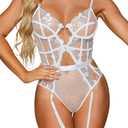 Kaei&Shi Floral Embroidered, Underwire, Removable Garter, Thigh Straps, Backless Bodysuit (2-4, White)