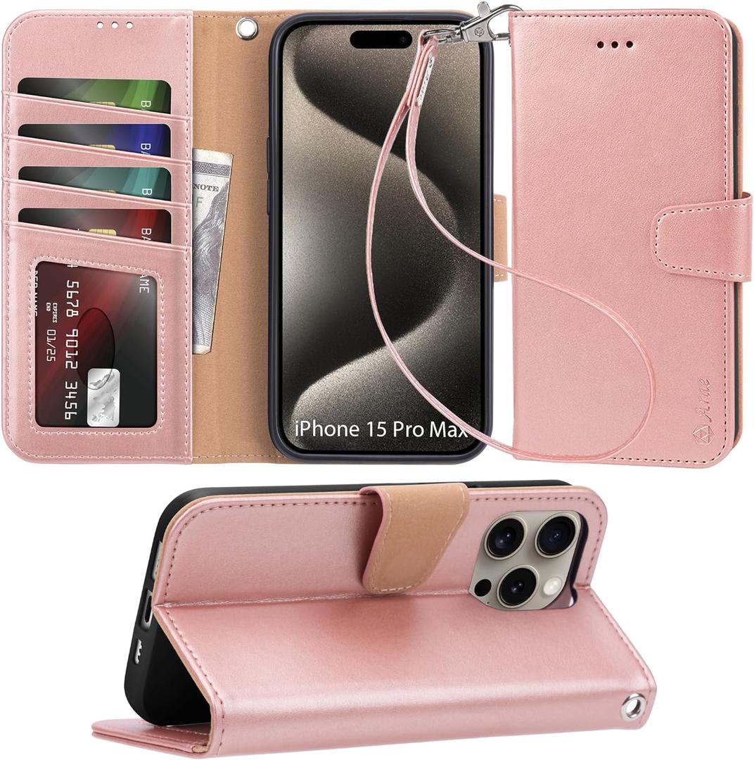 Arae Compatible with iPhone 15 Pro Max Case with Card Holder and Wrist Strap Wallet Flip Cover for iPhone 15 Pro Max 6.7 inch,Rose Gold