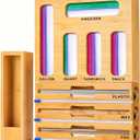 LDQ 9-in-1 Shatterproof Square Bamboo Storage Box - Aluminum Foil Dispensr with Cutter, Reusable Quarter Multi-Functional Sealed Bag Organizer for Kitchen Drawers, Walls, and Cabinetse
