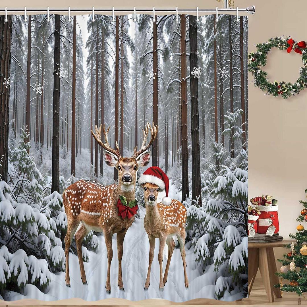 JAWO Winter Shower Curtain Snow Forest Woodland Deer Rustic Farmhouse Wildlife Cabin Nature Scenery Waterproof Polyester Fabric Christmas Shower Curtains 72x72 Inch (Grey)