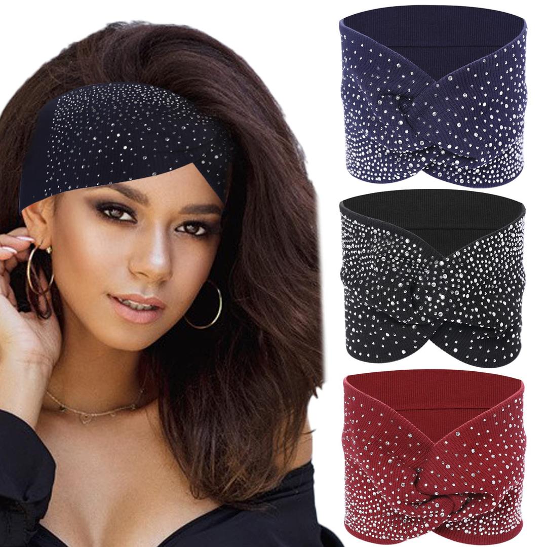 Rhinestone Boho Headbands, 3 Pack Crystal Stretch Turban Headbands with African Cotton Fabric - Fashion Hair Scarfs (Navy & Black & Burgundy)