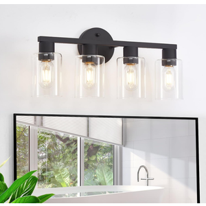 4 Light Bathroom Vanity Light, Matte Black Bathroom Light Fixtures with Clear Glass Shade, 4-Light Vanity Lights, Black Lighting Fixtures for Bath Mirror Bedroom Living Room Hallway Porch
