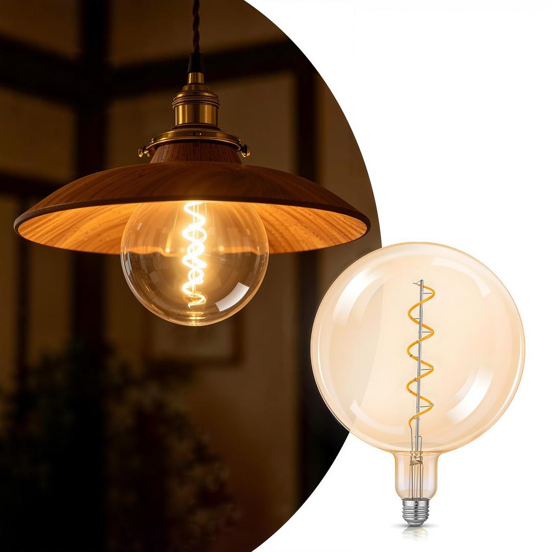 Rynxphera Oversized Amber LED Edison Bulb 60 Watt Equivalent, G200 Dimmable | Giant Globe Light Bulbs, 8W LED Filament 2700K Warm White E26 Lightbulb, Vintage Round Decorative for Pendant Lights, 1 Pack