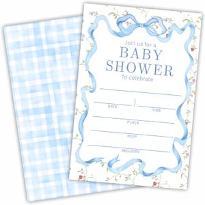 DYIRBIIY Baby Shower Invitations-Set Of 25 Blue Ribbon Bow & Wildflowers Fill-In Invites Cards With Envelopes-Baby Announcement Gender Reveal Party Supplies & Decoration (4'' X 6'')-A16