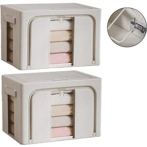 Clothes Storage Bins, 2 Pack Bedding Organizers with Handles, Stackable Metal Frame Closet Organizer, Visable Windows, Clothing Organization for Sweatshirt, Blanket, Long Dresses, (66L Cream White)