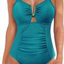 AI'MAGE Women's Tummy Control Swimsuits Ruched Slimming One Piece Bathing Suit V Neck Swimsuit (Dark Green Blue) S