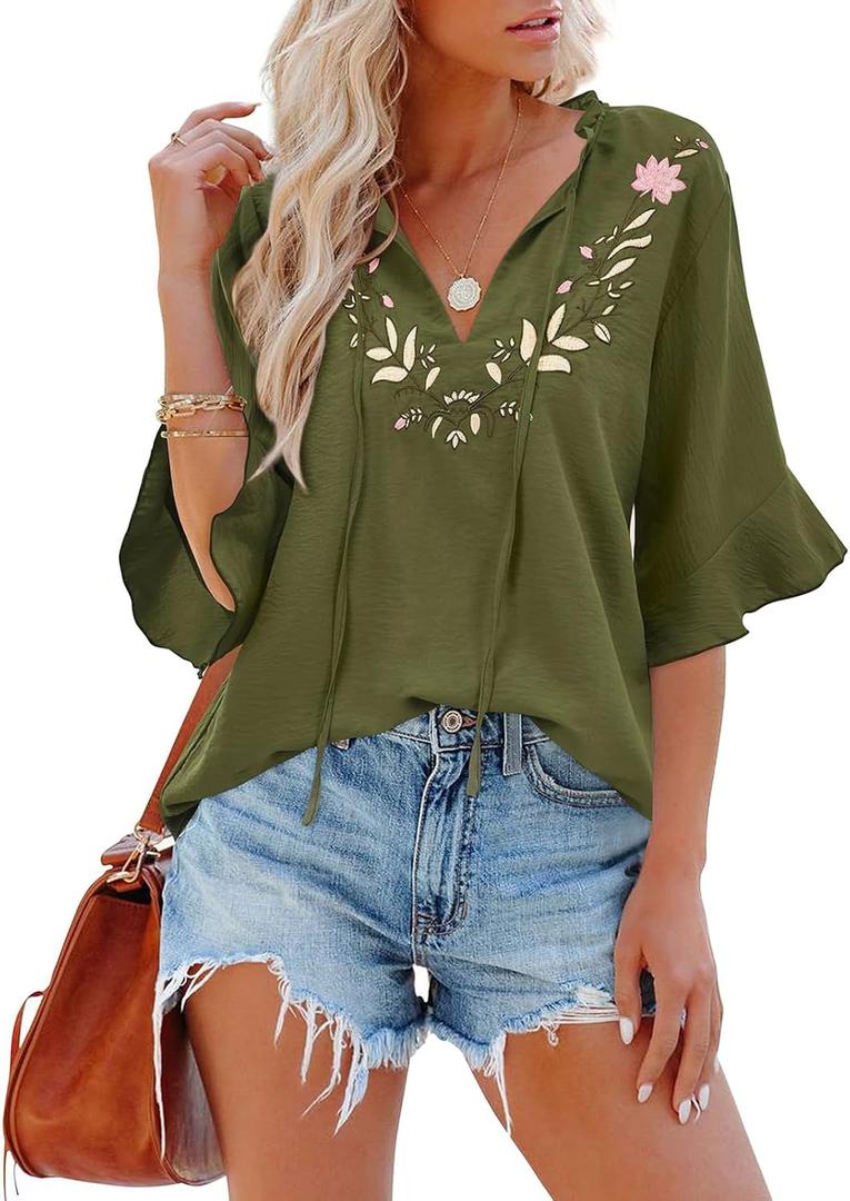 Womens Summer Tops 3 4 Sleeve Women Blouses Casual Boho Top Spring Floral Short Sleeve Shirts Vacation (Green, S)