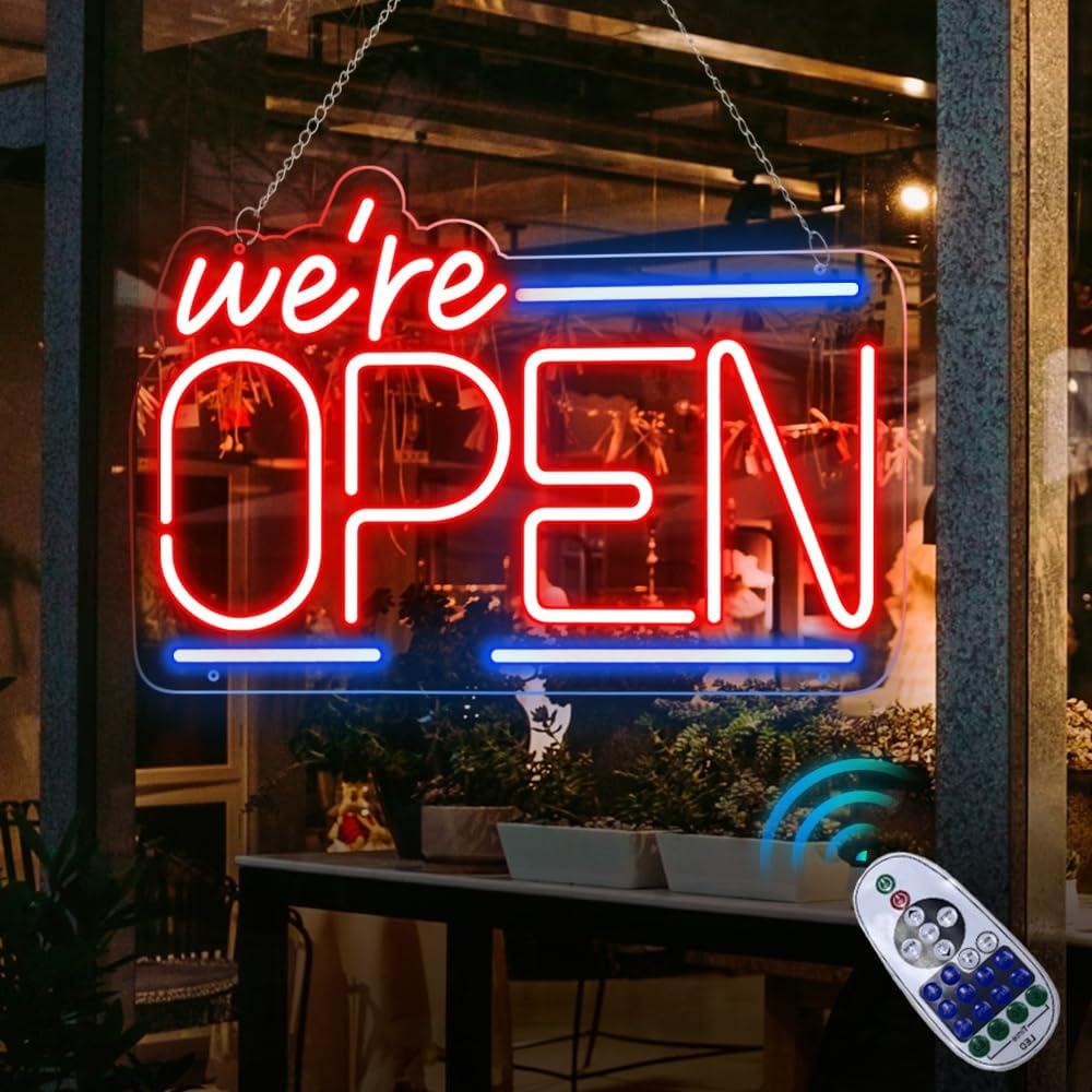 Open Sign with Remote Open Neon Sign Business for Window Glass Door Beer Bar Coffee Shop Salon Hotel Store, Adjustable Brightness Led Neon Open Sign (Red&Blue with Remote)
