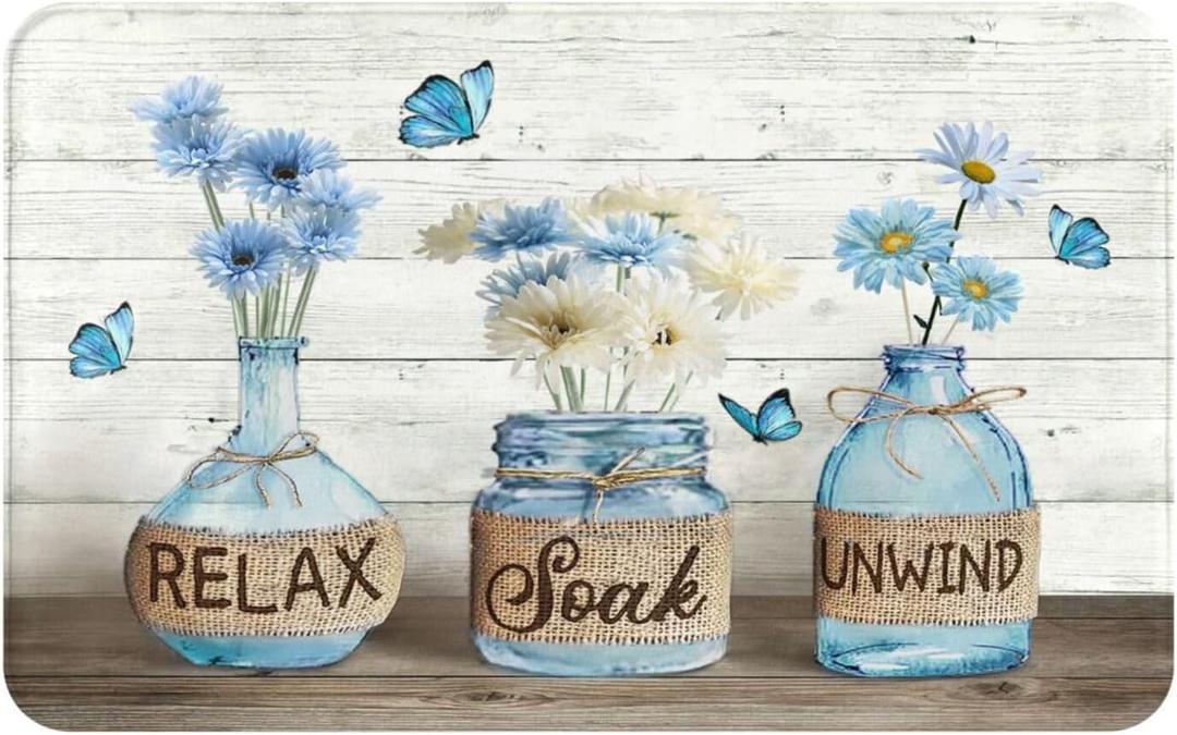 Bule Daisy Bath Mat Farmhouse Floral Bath Rug Non Slip Quick Dry Rustic Country Bathroom Mat Rug for Bathroom Kitchen Tub Shower Sink Outdoor 20"x31.5" (Blue Daisy)