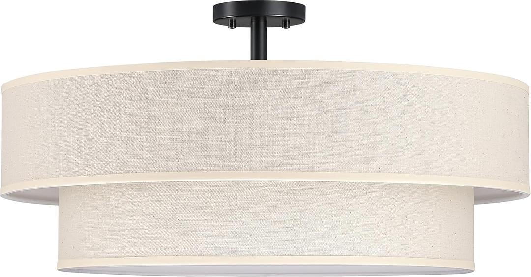 2 Tier 28" Cream Fabric Drum Shade Black 6 Light Semi-Flush Mount Light