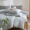 Striped Duvet Cover Set Queen Size, 3 Pcs Breathable Durable 100% Washed Cotton Comforter Cover for All Seasons, Chic Linen Like Textured Bedding Set (Light Blue White Pinstripes, Queen)