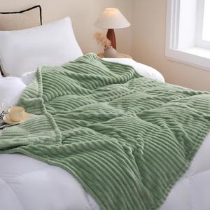 Sage Green Fleece Throw Blanket 90" x 90" for Couch Sofa Bed, Super Soft Cozy Plush Microfiber Flannel Blanket with Stripes Design Lightweight for Adults, Woman, Girls