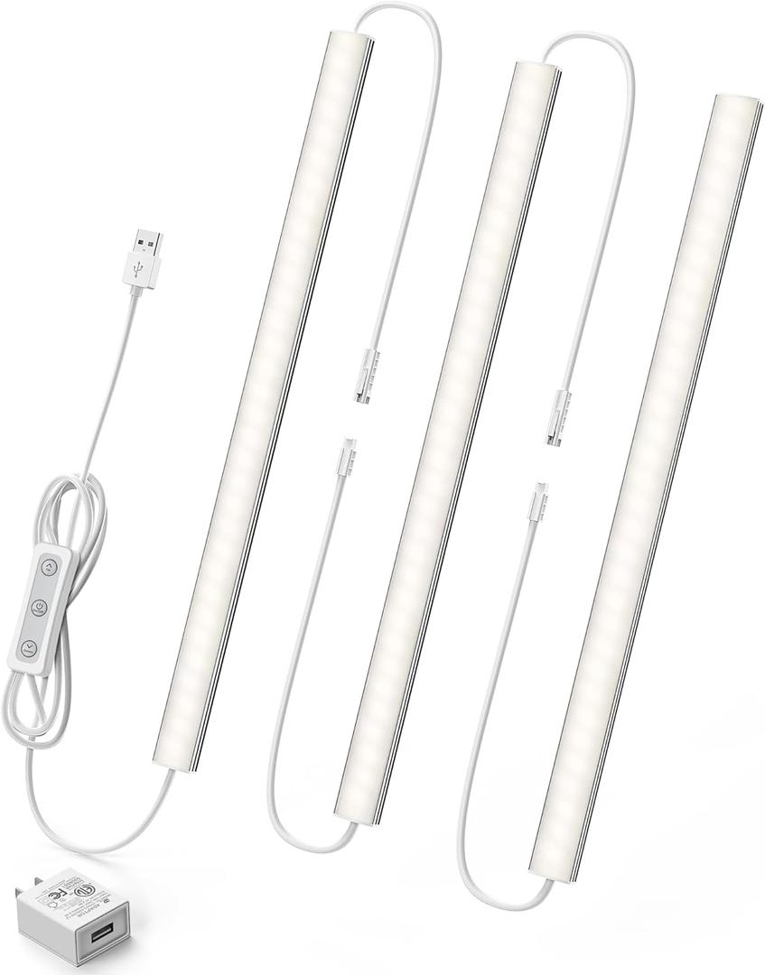 Under Cabinet Lighting Plug-in, Dimmable Under Counter Lights for Kitchen, 3pcs 12 Inch, Daylight White 4500K Linkable USB Led Light Strip, Wired Led Light Bar for Desk,Sink,Workbench (No motion sensor-3 pack)