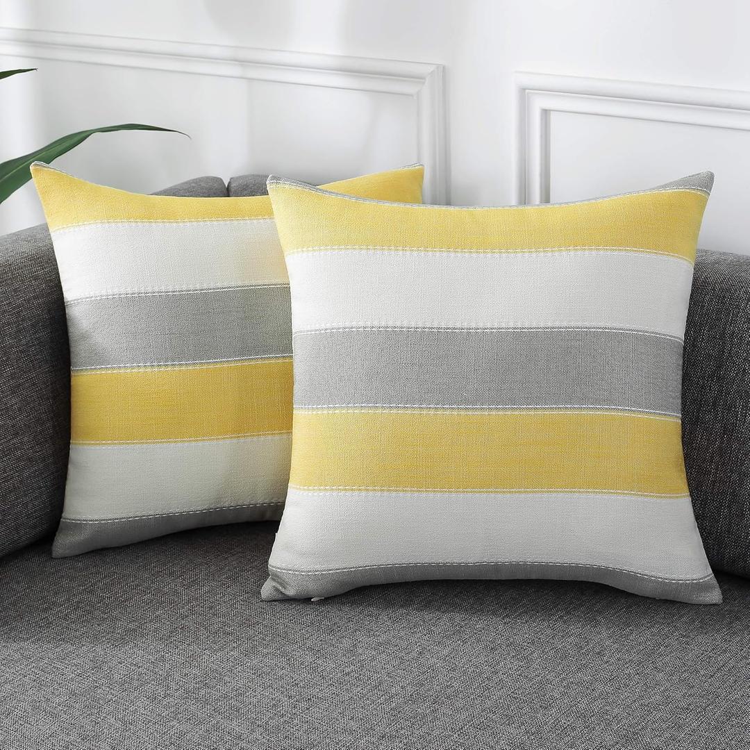 AmHoo Pack of 2 Farmhouse Stripe Check Throw Pillow Covers Set Case Cotton Linen Decorative Pillowcases Cushion Cover for Couch Bench Sofa 18x18Inch Yellow Beige (18" x 18" (Pack of 2))