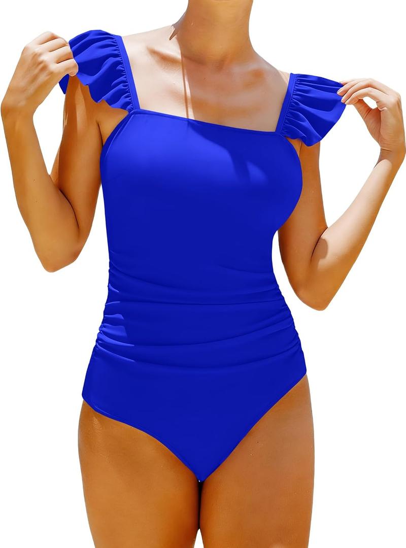 Womens Ruffle One Piece Swimsuits Ruched Tummy Control Bathing Suits Floral Swimwear Blue Small (Blue, S)