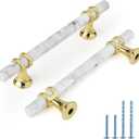 Rergy Cabinet Handles Marble Drawer Pulls and Knobs, 10Pack White Marble & Gold 3-3/4inch Hole Center, T-Bar Hardware for Kitchen Dresser Zinc Alloy Furniture