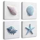 TideAndTales Beach Decor Seashell Wall Art - (Set of 4) Textured 3D Shells and Starfish Decorations for Home or Beach House, Rustic Ocean Theme Coastal Bedroom or Bathroom Wall Decor 6" x 6"