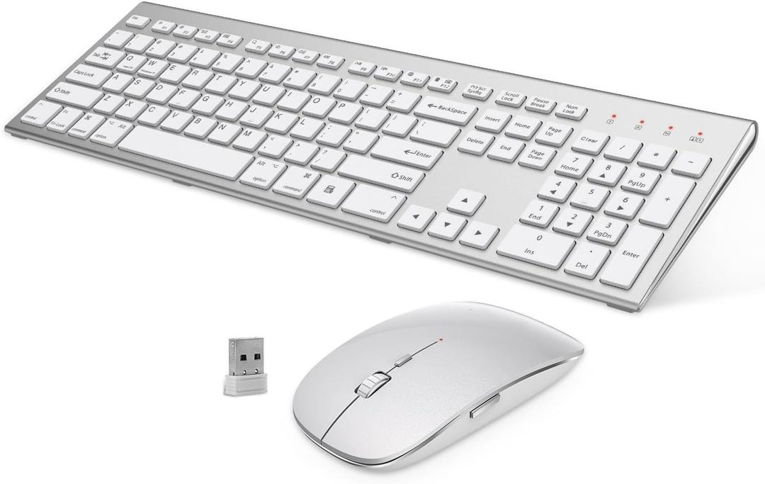 Wireless Keyboard and Mouse Combo, GALENMORO Ergonomic USB Full Size Silent Keyboard with Number pad for Windows macOS Computer Desktop PC Laptop - Silver White