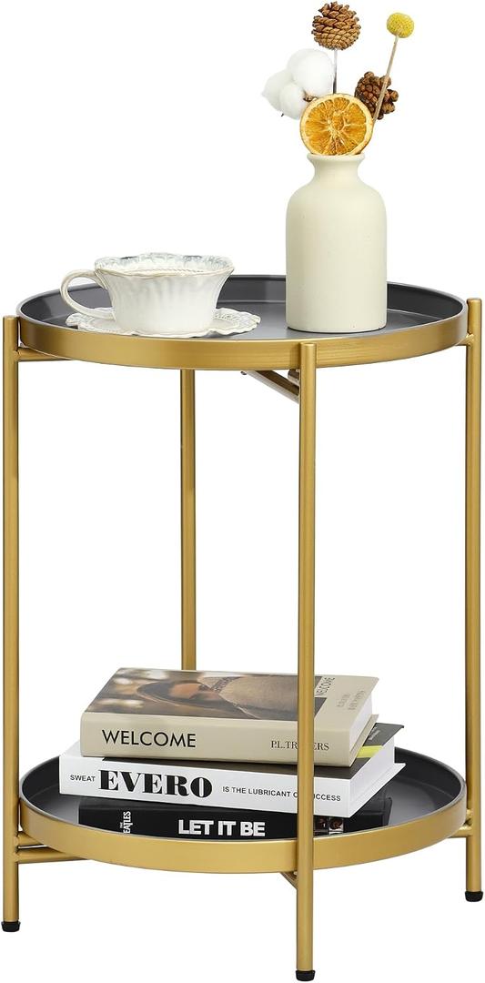 2-Tier Round End Side Table, Small Metal Side Table with Removable Tray, Folding Accent Tables for Living Room, Balcony, Nightstand for Bedroom, Outdoor Tables for Patio, Gold&Grey