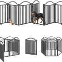 BHG Metal No-Assembly Freestanding Dog Gate with Door Walk Through, Extra Wide 144", Extra Tall 32" Pet Gate, Accordion Puppy Folding Playpen Dog Fence for Indoor & Outdoor, with 2PCS Support - Black