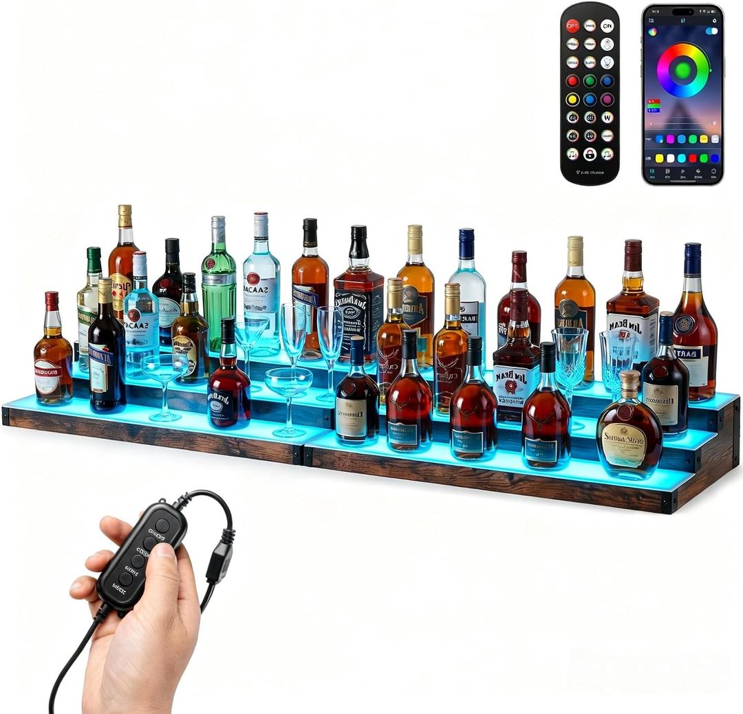 2Pack 3 Tier LED Lighted Liquor Bottle Display Shelf - 60" Total Length,RGB Countertop Bar Shelf with RF & App Control,7 Static Colors Music Sync,Timer,Lighted Bottle Shelf for Home &Commercial Use, 3 Tier 60" Total Length 