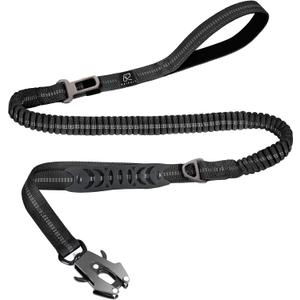 Raipult Tactical Heavy Duty Bungee Dog Leash for Medium Large Dogs That Pull, Military K9 Working Lead, 4-6FT Shock Absorbing Frog Clip Leash with Padded Traffic Handle & Car Seatbelt, Black (Aviation aluminum)
