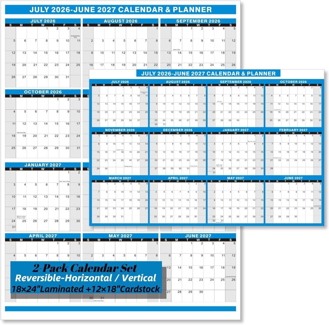 2026-2027 Academic Calendar 2 Pack Set -18x24" Laminated and 12x18" Cardstock, 12 Month July 2026 to June 2027, Reversible Vertical/Horizontal, for Office, Home, School