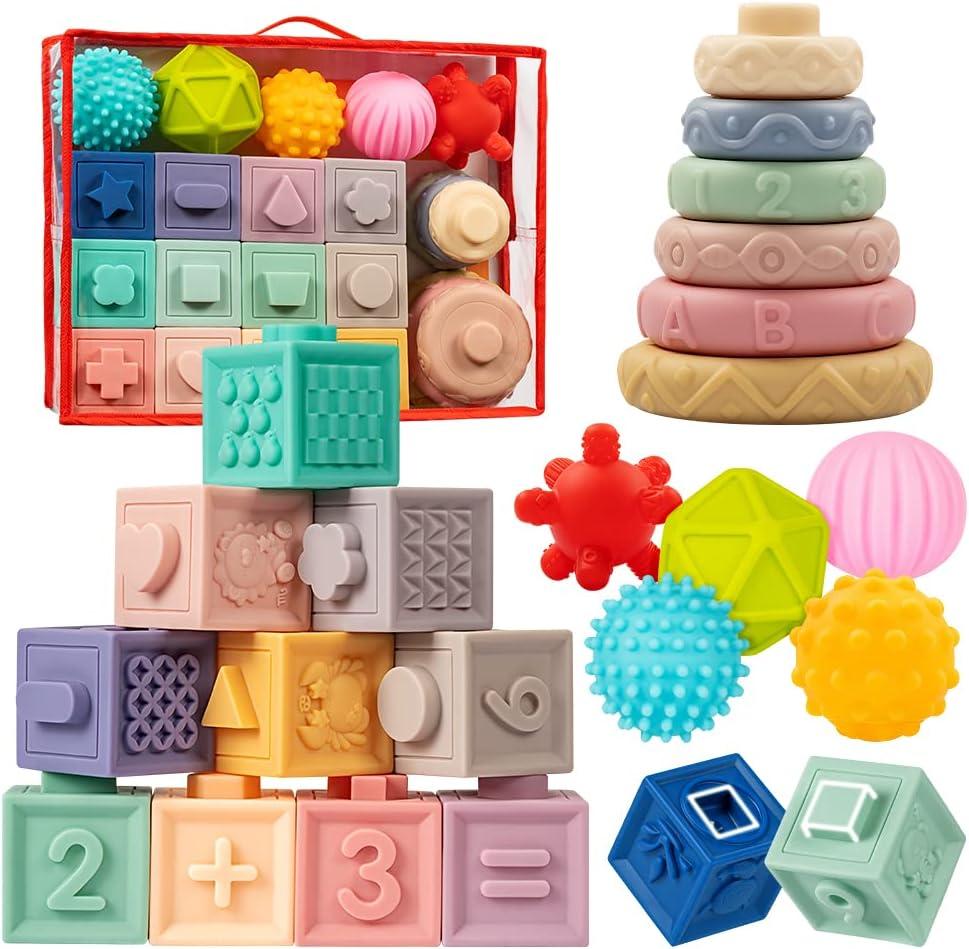 Jyusmile Baby Toys 6-12 Months, Montessori Toy for Babies 6-12 Months, Incl Stacking Building Blocks & Soft Infant Teething Toys & Sensory Balls for Toddlers 0-3-6-9-12 Month