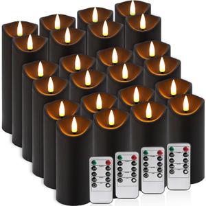 24-Pack Black Flameless LED Candles with Remote & Timer (3 Sizes) - Battery Operated Halloween Pillar Candles for Spooky Decor, Haunted House, Gothic Wedding, Holiday Centerpieces