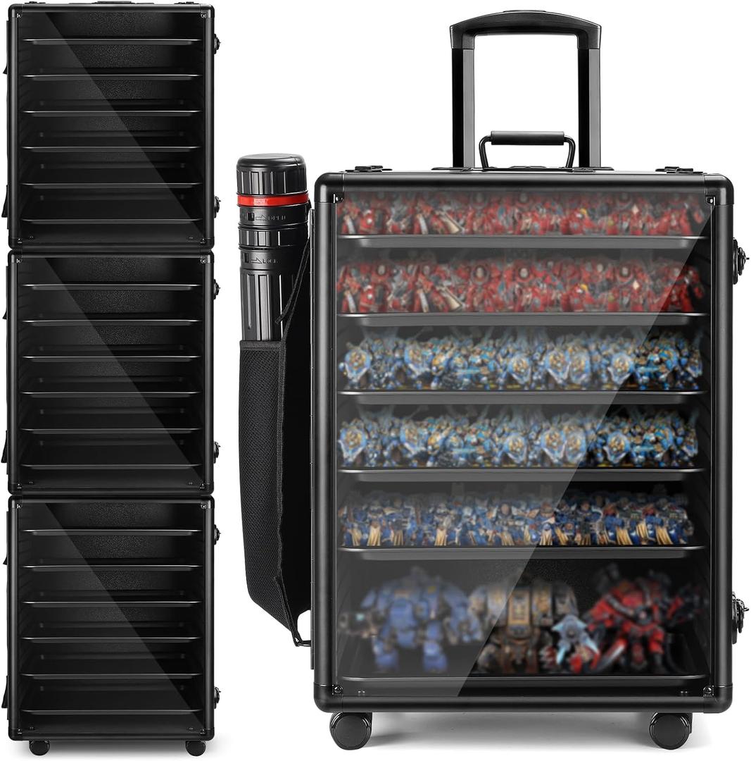 Miniatures Storage Case Miniatures Transport Case.Stackable Carrying Case with Trolley & 360° Wheels 6 Trays. Aluminum Alloy Frame with Lock Slot (X-Large Size:14 * 16 * 20.5in)