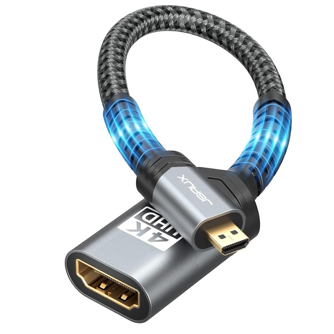 JSAUX Micro HDMI to HDMI Adapter, 4K@60Hz HDR 3D Dolby 18Gbps, Compatible with Raspberry Pi 5/Pi 4/Go Pro Hero/Nikon/Canon/Sony and Other Camera-Gray