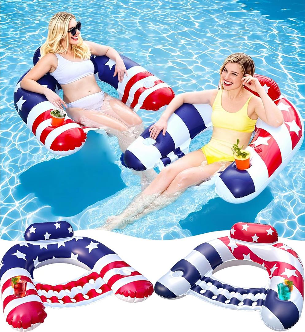 2 Pack Inflatable Pool Floats Chair Adults, American Flag Pool Lounge Chair with Cup Holders & Backrest, Blow Up Patriotic Swimming Floating Water Pool Floaties for 4th of July Party Summer Beach Lake
