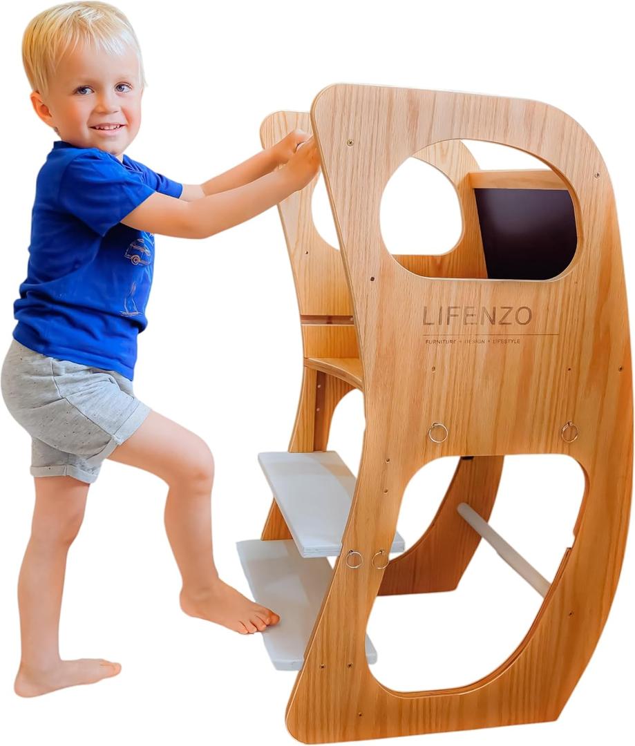 4-in-1 Toddler Kitchen Stool for Kids  Adjustable Wooden Toddler Helper with Chalkboard, High Chair & Rocking Mode  Safe Step Stool for Toddlers (1272 Months)