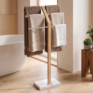 KES No Wobble Wooden Standing Towel Rack with Weighted Natural Marble Base