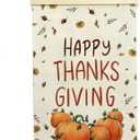 Happy Thanksgiving Hanging Flag  Fall Farmhouse Wall Decor with Pumpkins & Autumn Leaves, Rustic Linen Wall Flag with Wooden Frame for Holiday Dining Room Kitchen 12x17 Inches(175)