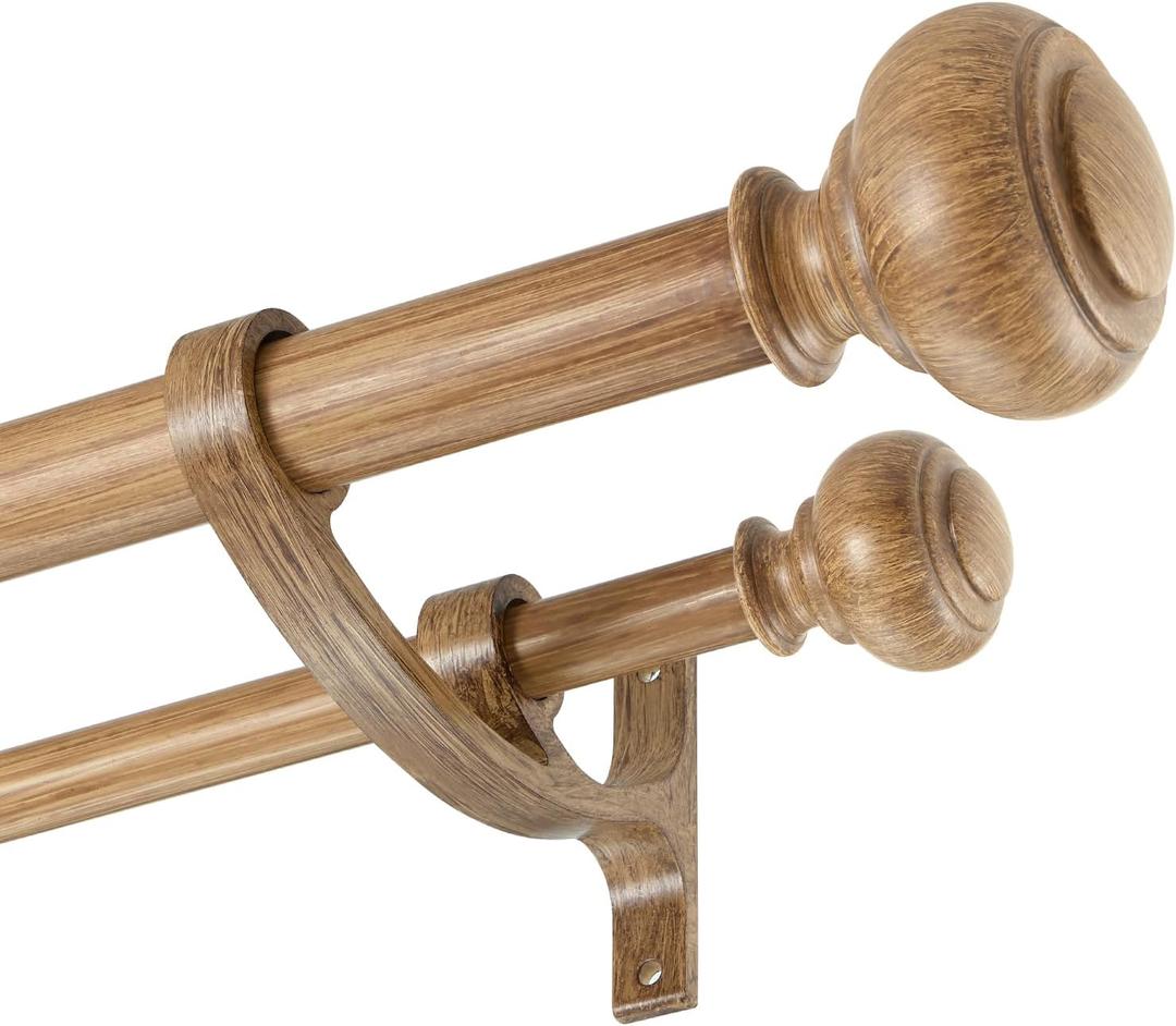 Wood Double Curtain Rods 66-120 Inch(5.5-10ft), Heavy Duty Drapery Rod with Aluminum Alloy Brackets, Adjustable 1-Inch Front and 5/8 Inch Back Double Window Rod with Imitation Wood Grain Finials