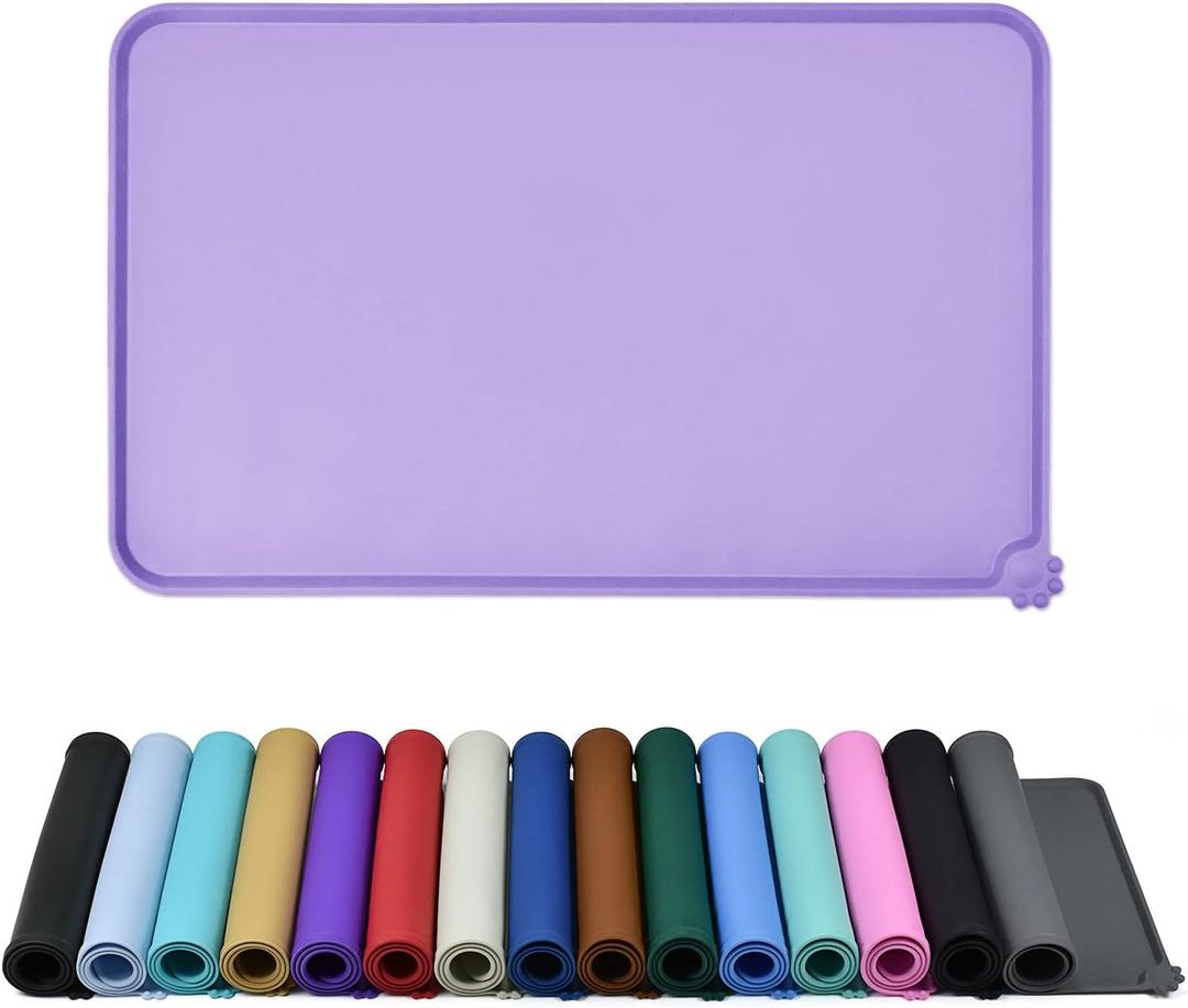 Waterproof Pet Feeding Mat with High Raised Edges, Heavier and Thicker Placemats for Cat Dog Water Bowl with BPA Free, Dogs Cats Food Mats for Messy Drinkers to Prevent Spill and Protect Floors (22" x 14", Lilac Purple)
