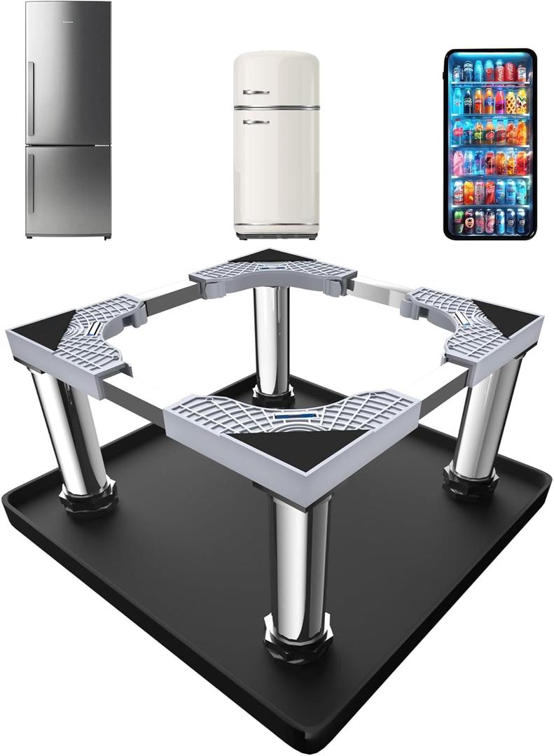 Mini Fridge Stand with Silicone Mat, Adjustable Refrigerator Stand with 4 Stainless steel Feet, 24''x 24'' Dorm Fridge Stand Protect From Appliance Leaks for Fridge, Washer, Dryer(11.4"-12.6" High)