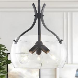 15.7" Large Glass Chandelier, 3-Light Industrial Farmhouse Chandelier, Black Round Pendant Light Fixture with Glass Shade for Dining Room Kitchen Sink Hallway Entryway