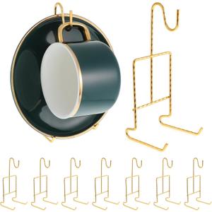 Vin Beauty 8Pcs Teacup Holder Display Stand Tea Cup and Saucer Display Stand Holder Metal China Coffee Mug Cup Storage Organizer 6.22 X 2.44 Inches Gold Metal Teacup Hanger Tray Rack for Plate Teapot