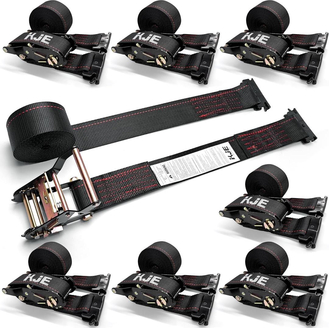 KJE E-Track Ratchet Straps, 8 Pack Black 2" x16' Heavy Duty Cargo Tie-Downs, 4500LBS Breaking Strength, Standard E Track Fitting Tie Down Ratcheting Strap for Cargo Vans, Trucks, Trailers