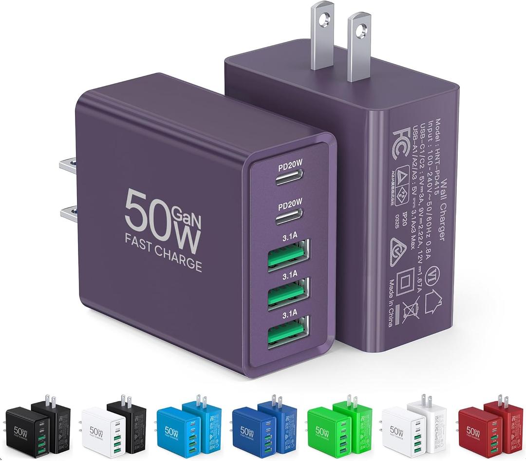 [2-Pack] USB C Wall Charger, 50W Charger Block 5-Port PD Fast Charging Blocks,Multiport 2USB C+3USB A Plug,Type C Power Adapter Brick Cube for iPhone 17/16/15/14/13/Pro,Samsung,for SwitchPurple