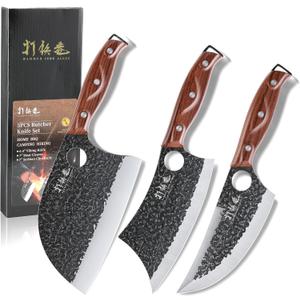 3PCS Butcher Knife Set, 7" Butcher Meat Cleaver, 7" Serbian Chef Knife and 6.5" Viking Knife, Hand Forged Kitchen Knife Set with Plastic Handle, Geat for Home, Camping, BBQ (Unique Finger Hole Design)