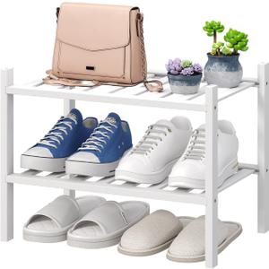 viewcare White Small Shoe Rack for Entryway,2-Tier Bamboo Shoe Organizer for Hallway Closet, Free Standing Shoe Racks for Indoor Outdoor, 2-Tier_Samll