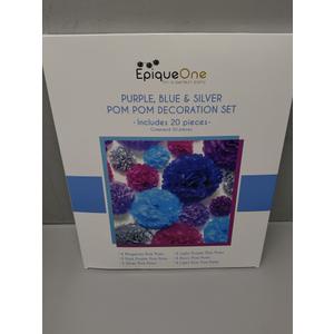 EpiqueOne 20-Piece Tissue Paper Pom Poms Party Decorations Kit - Blue, Teal, Purple, Lavender & Silver | Different Sizes - 6", 8", 10", 12" & 14" | Ideal for Birthdays, Bridal or Baby Showers & More