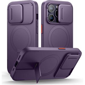 SURITCH for iPhone 14 Pro Case with Magnetic Camera Slide Cover and Adjustable Kickstand, Compatible with MagSafe, Shockproof Bumper Case Slim Protective Cover for iPhone 14 Pro 6.1 Inch,Dark Purple