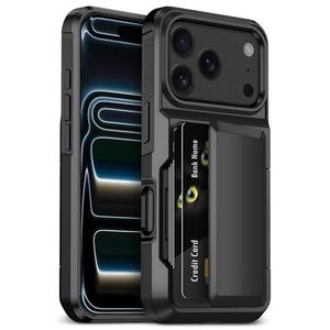 YEBOLU for iPhone 17 Pro Case with Card Holder [Max 3-5 Cards] Heavy Duty Protective Shockproof Cases Dual Layer Hard PC Soft TPU Bumper Hidden Card Slot Wallet Case Cover for iPhone 17 Pro-Black